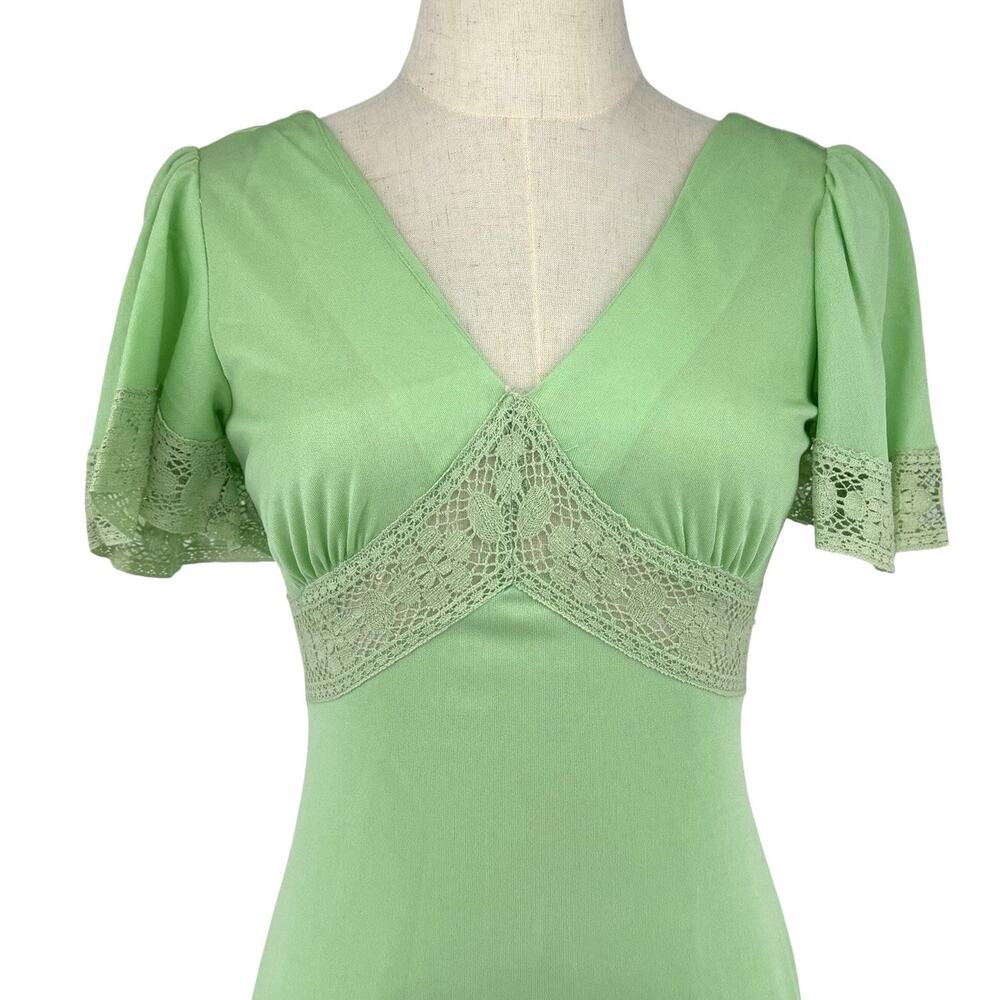 Vintage 70s Green Maxi Dress Lace Empire Waist Small ILGWU JCPenney Prairie Boho - Picture 2 of 11